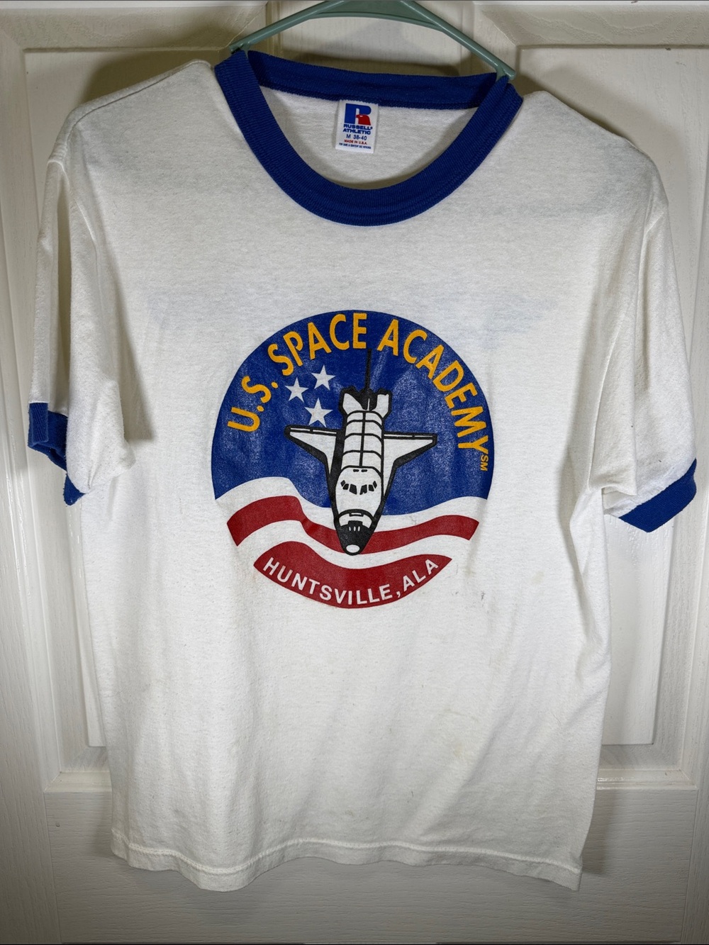 Vintage White U.S. Space Academy Tee Blue Trim, Space Shuttle & Lockheed Logo